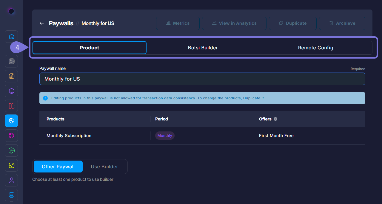Image showing Paywall editing tabs